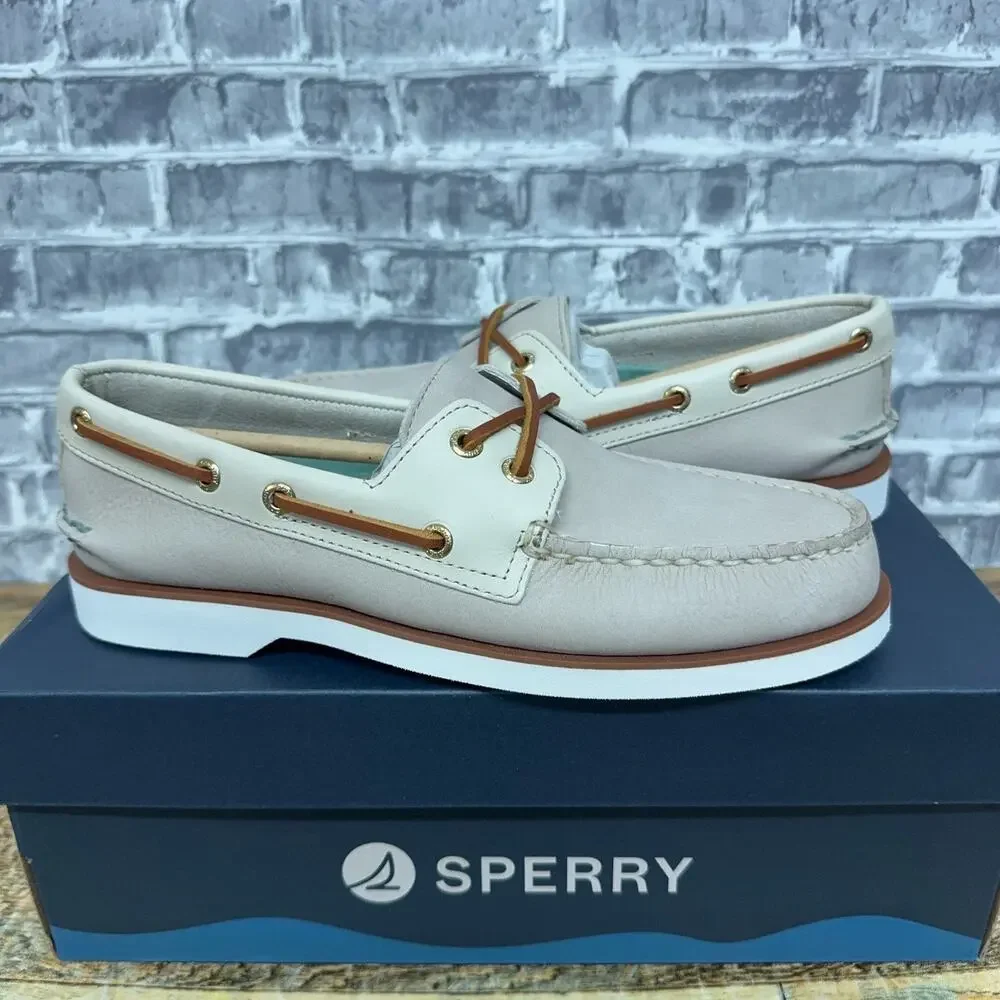 Sperry 2-Eye Cream Brown White Leather Boat Shoe Mens Size 7 New